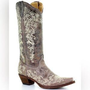 Corral Crater Bone Embroidered Western Cowboy Boots with Snip Toe